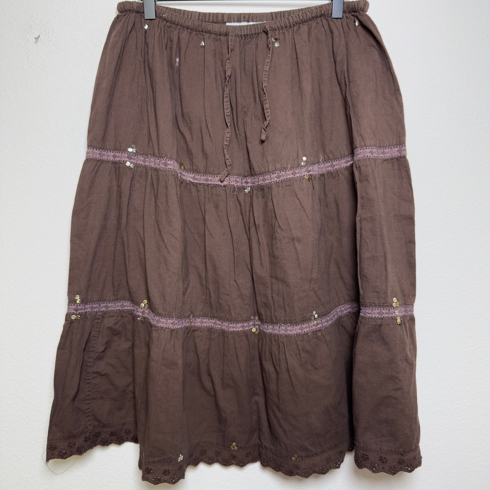 American Flirt Women Cotton Skirt 12 Brown Tiered Eyelet Sequin Boho Peasant